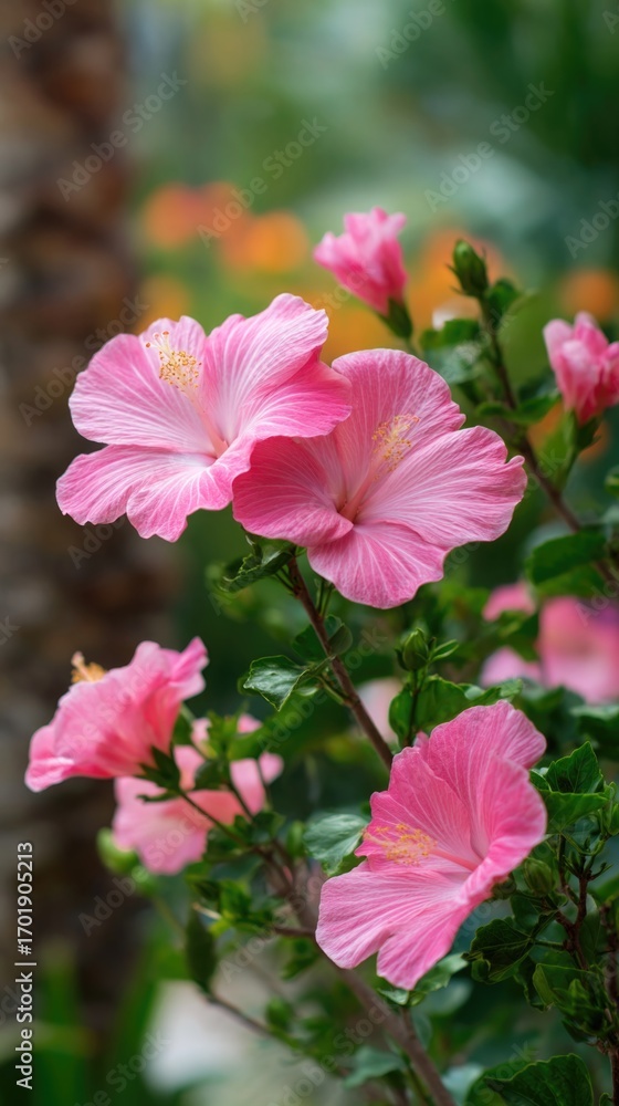 Fototapeta premium Pink hibiscus flowers blooming in a lush garden