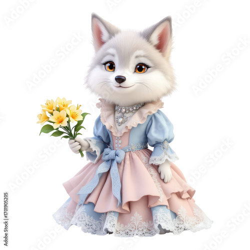 Charming White Wolf in Elegant Gown with Yellow Flowers.