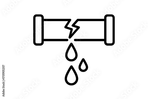 Simple icon of broken pipe leaking water, cracked plumbing pipe with dripping water drops, water leak concept for graphics and apps, cartoon vector illustration with transparent background