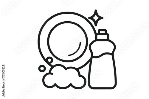Simple dishwashing icon with sponge and bubbles, clean plate symbol, vector cartoon illustration for app and graphic design, transparent background, kitchen cleaning concept, household chores symbol