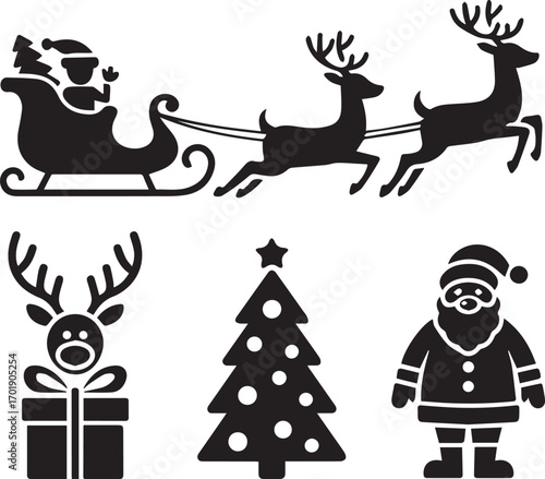 Christmas silhouette elements santa claus reindeer sleigh and tree festive holiday design