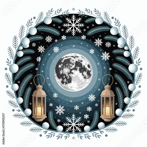 Winter night scene with full moon and lanterns in a wreath