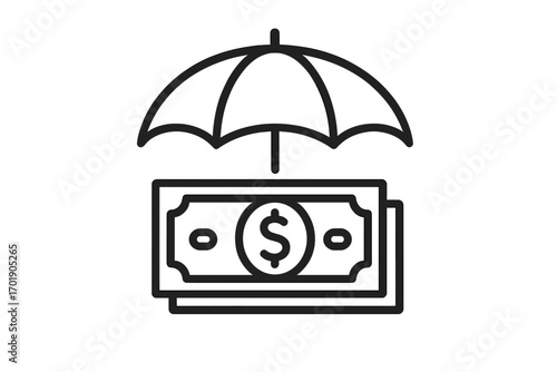 Icon of money protection under umbrella, financial security concept, savings and investment safety symbol, vector cartoon illustration, clear background, business finance