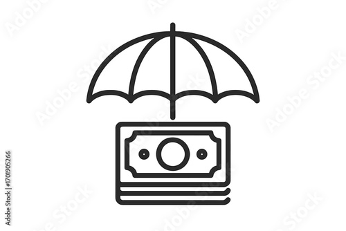 Financial protection icon with money under umbrella symbolizing security, insurance, savings, risk management, safe investment concept, vector illustration