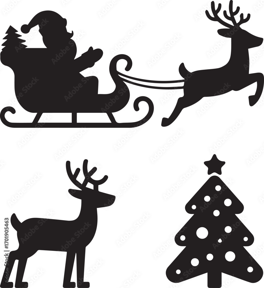 Obraz premium Christmas silhouette santa claus sleigh reindeer and tree festive winter holiday scene