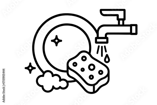 Clean stacked plates outline symbol with soap sponge and running water tap, dishwasher concept, kitchen hygiene illustration for graphic design, apps, adverts, vector cartoon