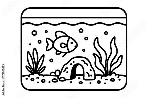 Aquarium symbol with fish, aquatic plants, underwater cave, bubbles, and gravel. Vector cartoon illustration of fish tank scene, aquatic environment clipart for apps, graphics, and design.