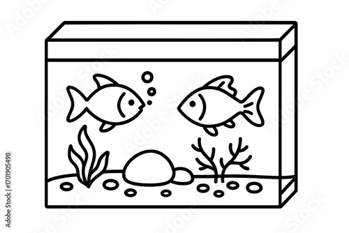 Aquarium symbol with two fish and aquatic plants, vector cartoon illustration, transparent background, marine life concept, underwater habitat graphic, aquatic environment design, fish tank icon