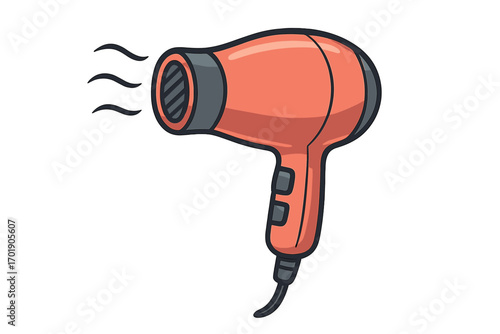 Hair dryer vector illustration, cartoon style hairdryer icon for apps, graphics, beauty and salon tools concept, electrical blow dryer with heat waves, transparent background