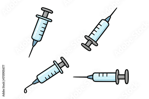 Vector cartoon syringe set with transparent background, medical injection symbols for healthcare, vaccination, immunization, medicine, and clinic concept illustration