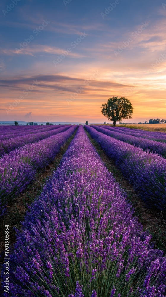 Obraz premium Sunset lavender fields in calm scene
