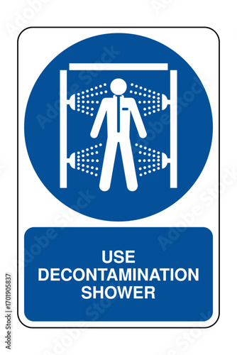 Use Decontamination Shower Safety Sign with Explanation – Emergency Wash Symbol for Chemical Exposure, Industrial Hygiene, Laboratory Safety, Civic Infrastructure – High-Quality Vectorial Image