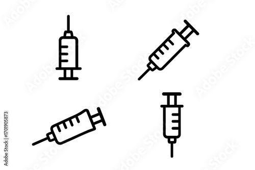 Minimalistic syringe icon set vector illustration, medical injection symbol, vaccination, healthcare, vaccine shot sign, syringe collection for web, apps, banners, social media, transparent background