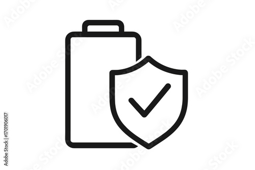 Battery protection icon. Safe charging symbol. Vector line art of accumulator and shield with checkmark. Concept of power safety, energy guarantee, and reliable device security.