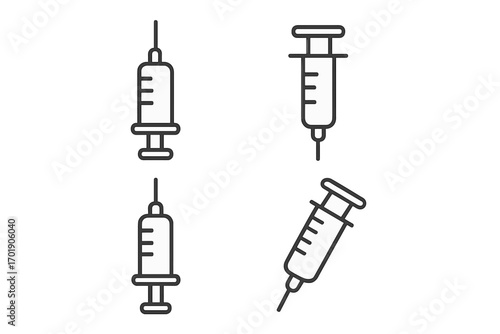 Syringe outline vector set, medical injection icons, transparent background, healthcare and vaccination symbols, editable cartoon syringe illustrations for graphic design and apps