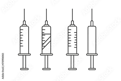 Syringe outline linear vector set with transparent background, medical injection icon collection, vaccine syringe graphic, healthcare and vaccination concept, minimalist design for apps and web