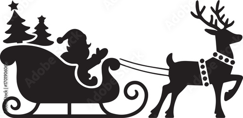 Santa claus sleigh and reindeer silhouette flying through the winter night sky carrying gifts