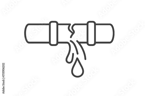 Broken pipe water leak icon. Plumbing problem, pipeline damage, and burst sewer concept. Water leakage and dripping drop. Emergency repair service vector symbol.