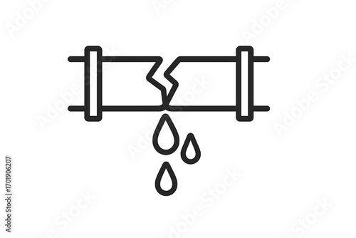 Broken pipe icon, water leak concept. Burst pipeline, plumbing problem, dripping, leakage symbol. Water damage, emergency repair service. Vector line art illustration.