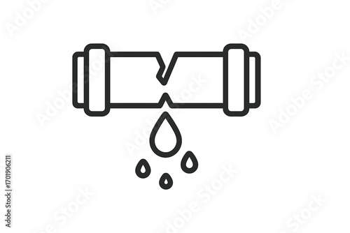 Broken pipe with water leak outline icon. Plumbing problem, burst pipeline, and water damage concept. Simple vector line symbol for emergency repair service, plumbing issues.