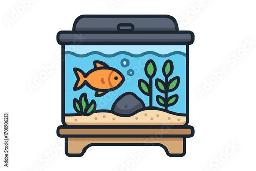 Colorful vector aquarium icon with orange fish, green aquatic plants, decorative stone, blue water, transparent background, cartoon style, pet tank illustration, aquatic life concept