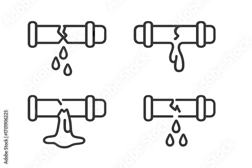 Broken pipe and water leak icon set. Burst pipeline, dripping, and water damage concept. Plumbing emergency, repair service illustration. Outline vector graphic for apps.
