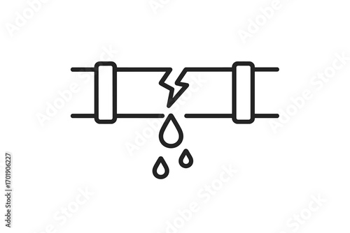 Broken pipe water leak line icon. Plumbing problem, burst pipeline concept. Dripping water, damage symbol. Vector illustration for emergency repair service, insurance, app.