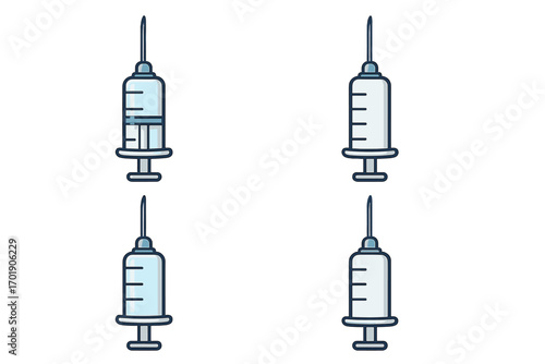 Cartoon syringe icon set with medical injection liquid, vaccination needles, health care tools for websites, apps, cards, vector illustration with transparent background