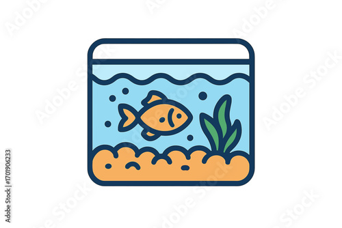Aquarium icon with orange fish and green plant underwater, cartoon vector illustration for apps and graphic design with transparent background, aquatic pet tank concept