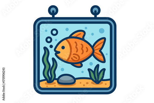 Colorful cartoon aquarium icon with orange fish, seaweed, and rock. Vector illustration of aquatic life in a transparent tank background. Underwater sea habitat concept graphic