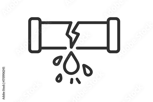 Broken pipe with water leak icon. Plumbing problem symbol. Dripping pipeline pictogram. Burst pipe, water damage, and leakage concepts. Emergency repair service vector.