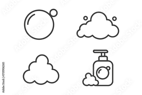 Soap bubble and foam linear icon set. Lather, suds, and dispenser pump bottle pictogram. Vector for hygiene, cleaning, cosmetics, washing, and bathroom product concepts.