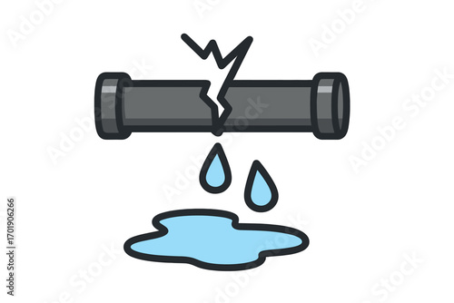 Thin cartoon icon of broken pipe with water leak dripping, plumbing damage concept, water leak repair, plumbing system issue, vector illustration for apps and graphics