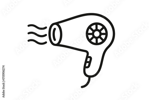 Thin line icon of hair dryer, electric blower for hair styling, beauty tool, salon gadget, digital vector illustration, transparent background, minimalist design, personal care device, ordered set