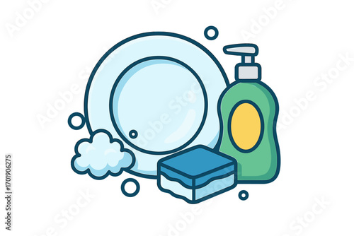 Thin icon of clean dish with soap bottle, sponge and foam bubbles for kitchen cleaning concept, household hygiene, vector cartoon illustration with transparent background set