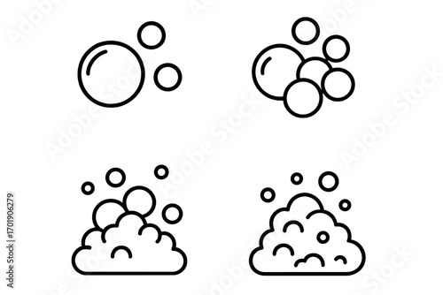 Vector icon set of soap bubbles and foam. Linear pictograms illustrating suds, lather, and fizz. Concepts for cleaning, washing, hygiene, effervescent drinks, carbonated water.