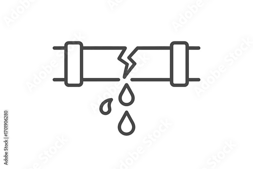 Broken pipe and water leak thin line icon. Burst pipeline, plumbing problem, water damage, leakage concept. Household emergency, home maintenance and repair service symbol.