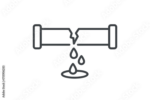 Broken pipe line icon. Water leak, burst pipeline, dripping drops. Plumbing problem, damage, emergency repair service. House insurance claim vector illustration symbol.