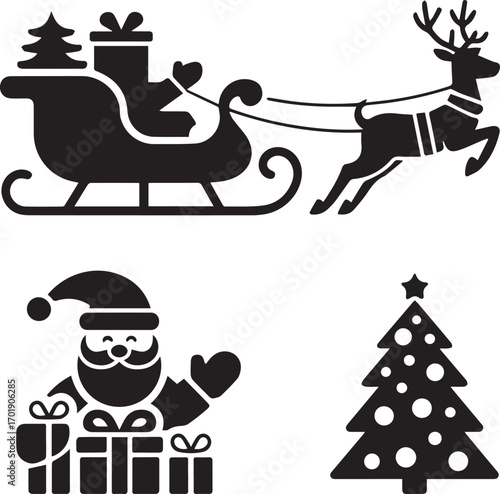 Santa's sleigh reindeer christmas tree and gifts silhouette merry christmas celebration icons