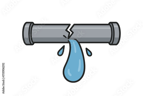 Thin icon of broken pipe with water leak, plumbing damage vector illustration, cracked pipe spilling water, leak repair concept, plumbing tools graphic, transparent background