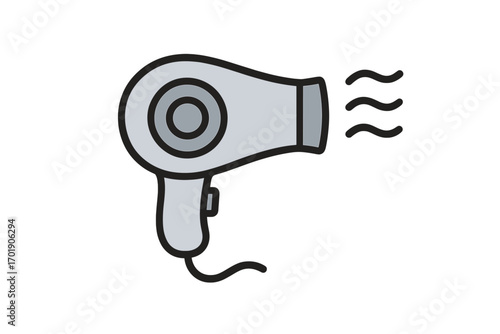 Thin icon of hair dryer with blowing air waves, vector cartoon illustration, transparent background, hair styling tool, beauty salon appliance, personal care graphic