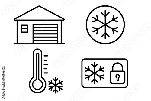 Cold storage linear icon set. Warehouse, freezer unit, and secure preservation symbols. Vector outline signs for refrigeration logistics, cryopreservation, and frozen goods.
