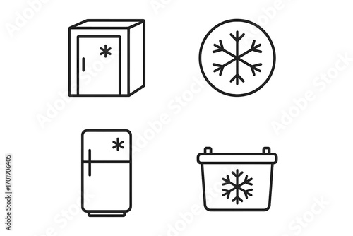 Cold storage icon set. Refrigerator, freezer, cooler and snowflake thin line icons. Vector illustration for food preservation, cooling system, and commercial refrigeration.