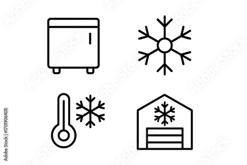 Cold storage vector icon set. Minimalistic thin line symbols for freezer, refrigerator, warehouse. Temperature, snowflake, frost concepts for logistics and food preservation.