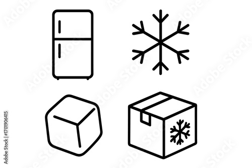 Cold storage and freezing vector icon set. Outline symbols of refrigerator, snowflake, ice cube and frozen shipping box. For food logistics, perishables, and delivery.