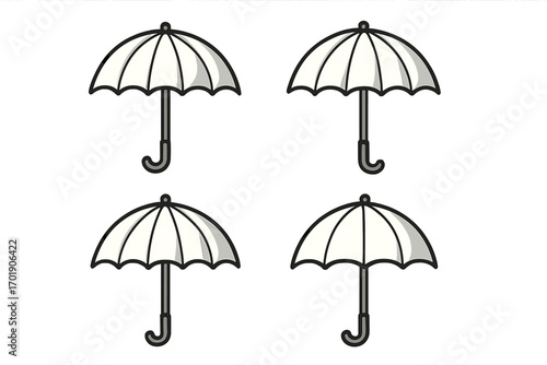 Vector set of white umbrellas, parasol and bumbershoot icons for graphics, designs, books, adverts, and apps. Cartoon style ordered set with transparent background.
