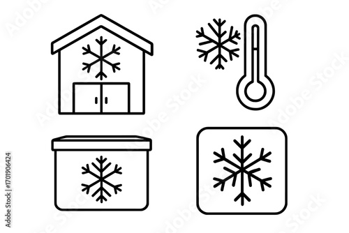 Cold storage line icon set. Vector symbols for freezer warehouse, refrigeration container, cool box, and low temperature thermometer. Snowflake sign for frozen logistics.