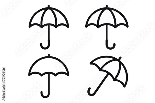 Set of four black umbrella parasol bumbershoot icons, vector cartoon illustrations for graphic design, web, sites, cards, books, articles, rain protection symbols