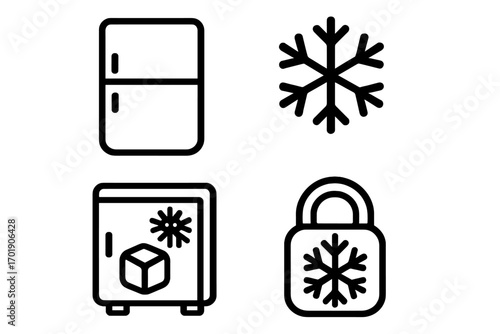 Cold storage and freezer icon set. Vector line art for concepts like food preservation, refrigeration, and freezing. Includes snowflake, secure lock, and frozen goods symbols.