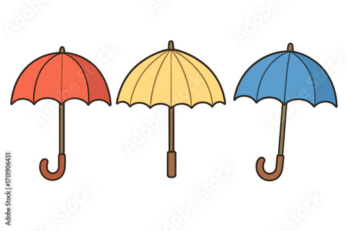 Colorful umbrella vector illustration set with parasol and bumbershoot designs for graphics, advertising, apps, seasonal rain protection, and summer cover concepts